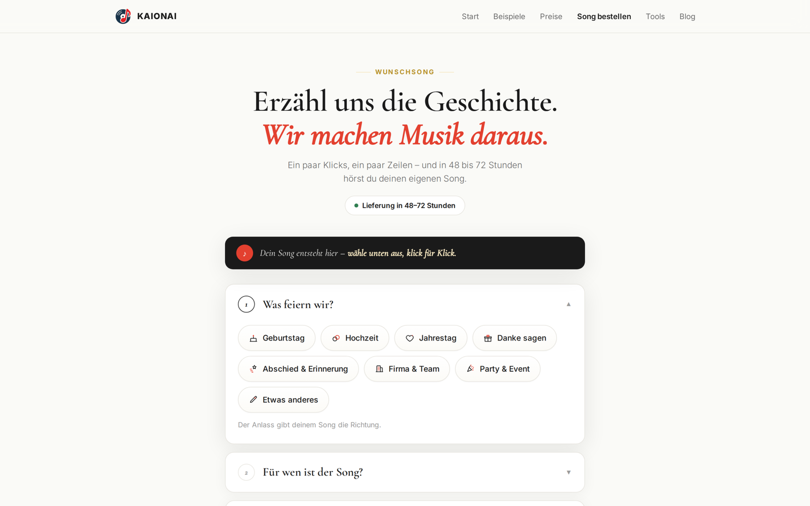 Das Bestellformular auf kaionai.com/bestellung, in dem der Anlass für den Song ausgewählt wird