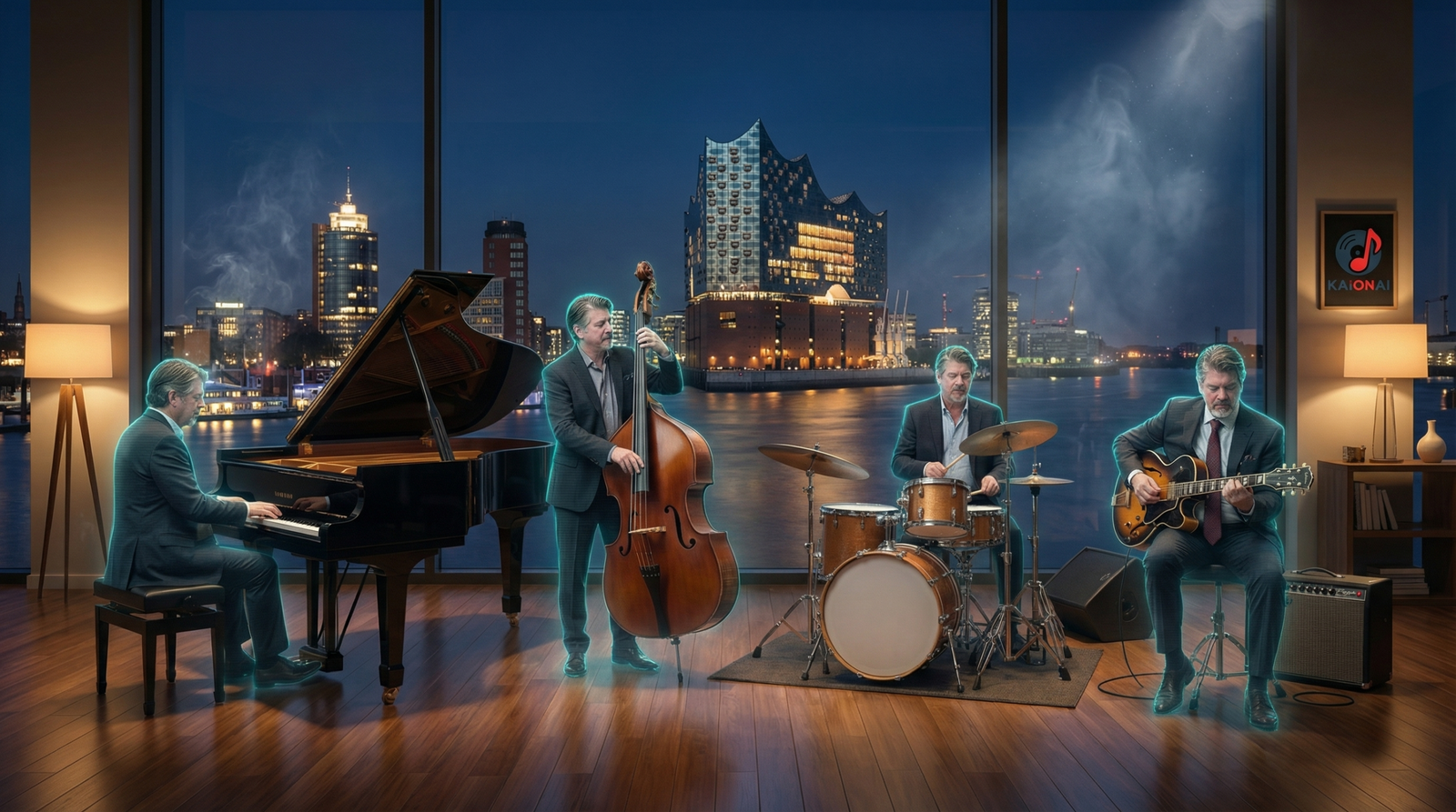 Die KAIonAI-Hologramm-Band – Piano, Kontrabass, Schlagzeug und Gitarre als leuchtende Hologramme – vor dem Panoramafenster mit Blick auf die Elbphilharmonie bei Nacht
