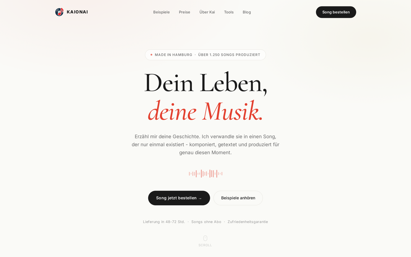 Startseite von kaionai.com mit dem Hero-Bereich "Dein Leben, deine Musik"