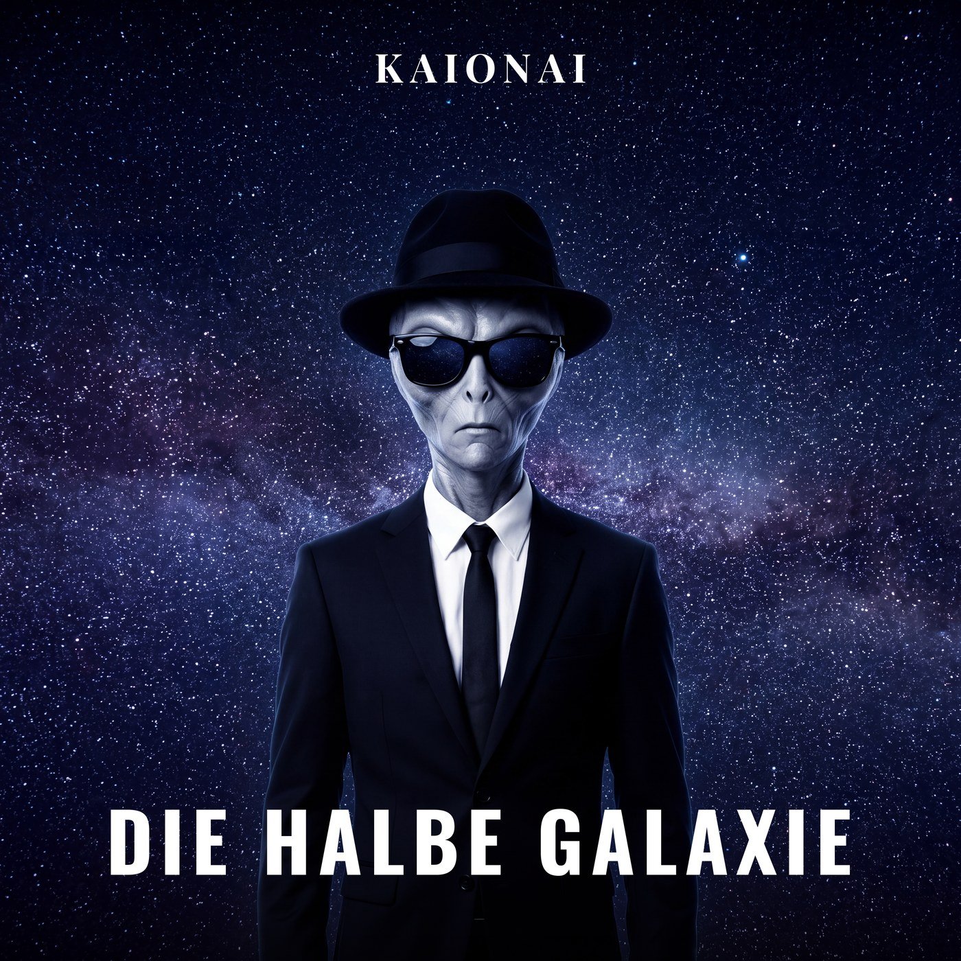 Cord, KAIonAI-Charakter, grauer Alien im schwarzen Anzug mit Fedora und Sonnenbrille vor einem Sternenfeld – Cover zu "Die halbe Galaxie (feat. Cord)"