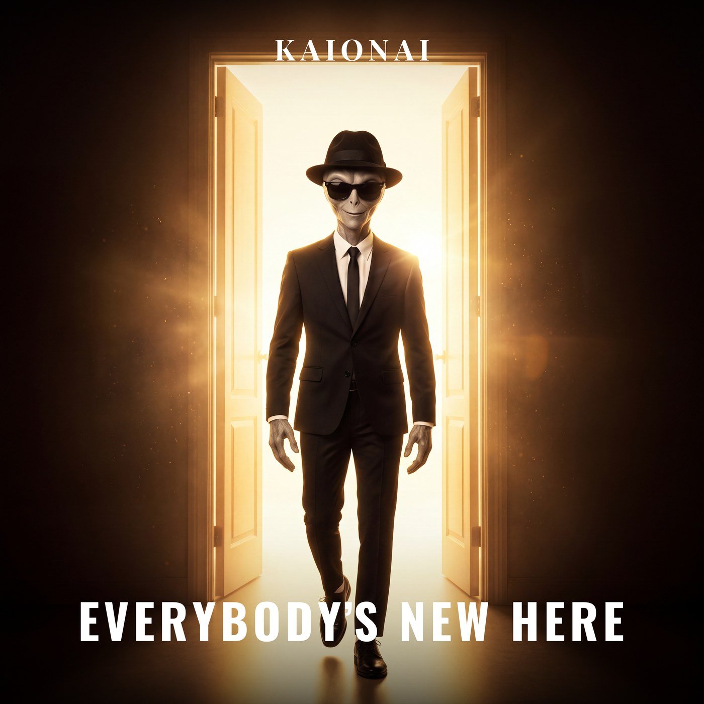 Cord, KAIonAI-Charakter, im schwarzen Anzug mit Fedora, tritt durch eine offene Tür ins goldene Licht – Cover zu "Everybody's New Here (feat. Cord)"