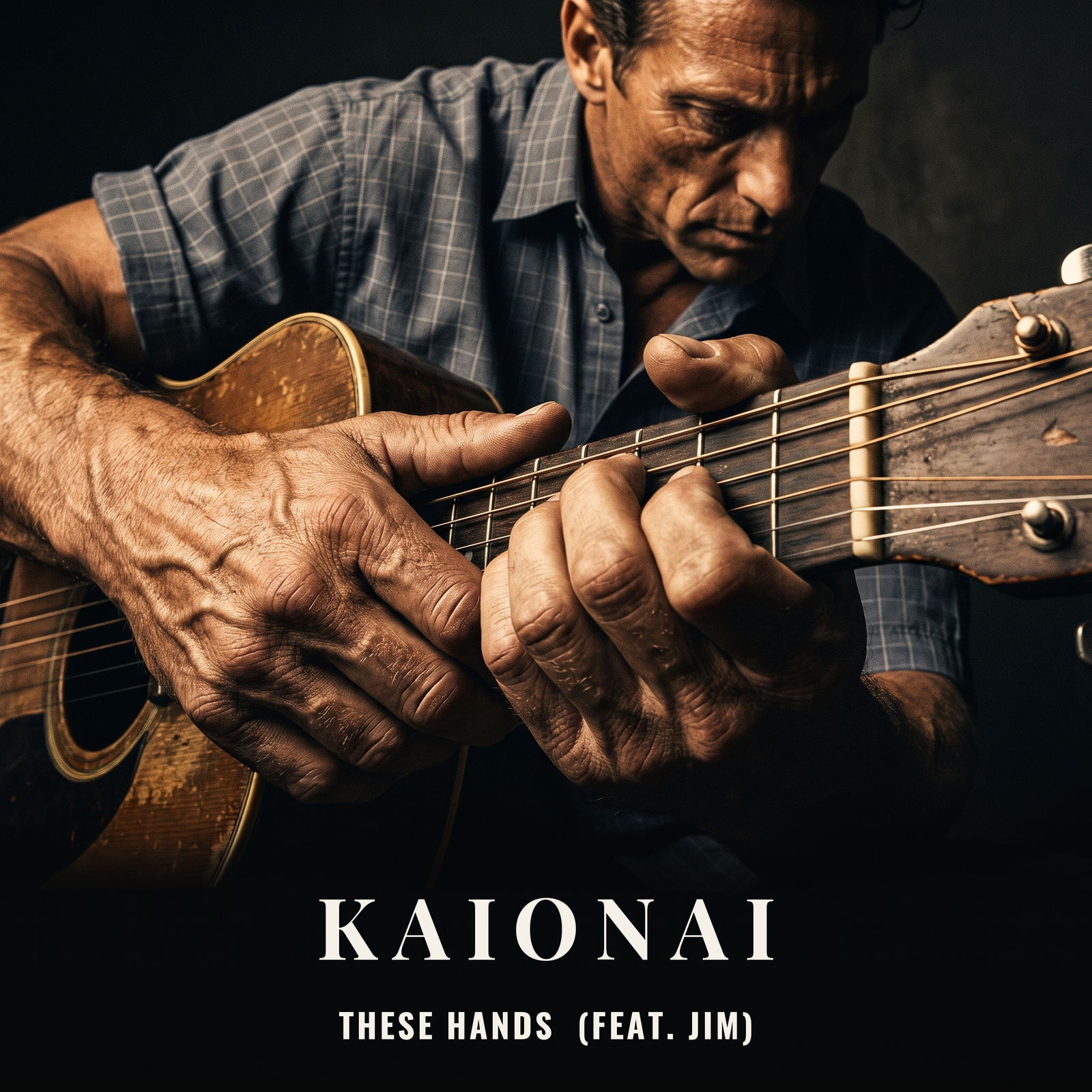 Jim, KAIonAI-Charakter, Nahaufnahme der Hände beim Gitarrespielen – Cover zu "These Hands (feat. Jim)"